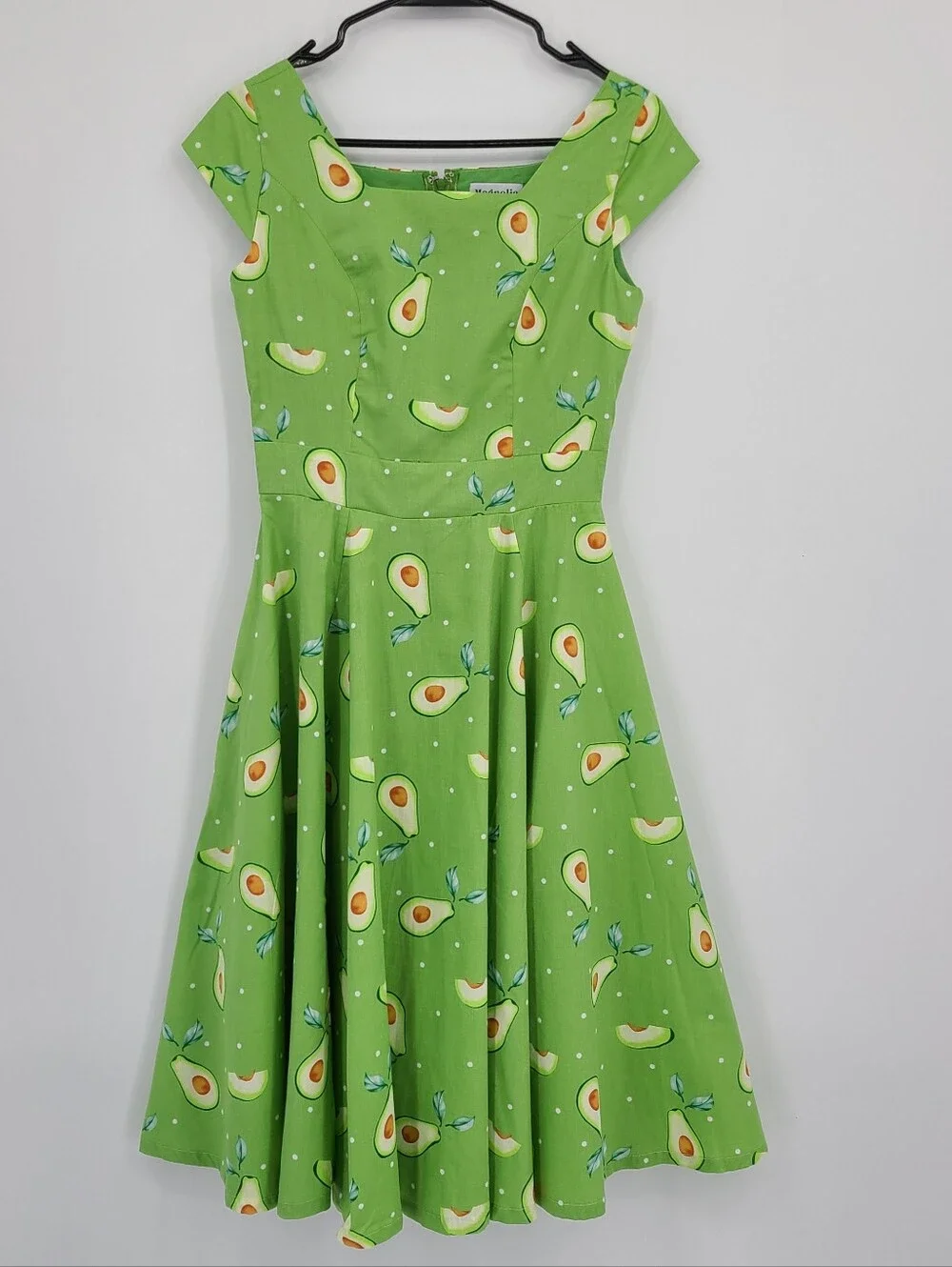 Unique Vintage's Magnolia Place Avocado Print Cotton Midi Dress Size XS - Picture 10 of 12